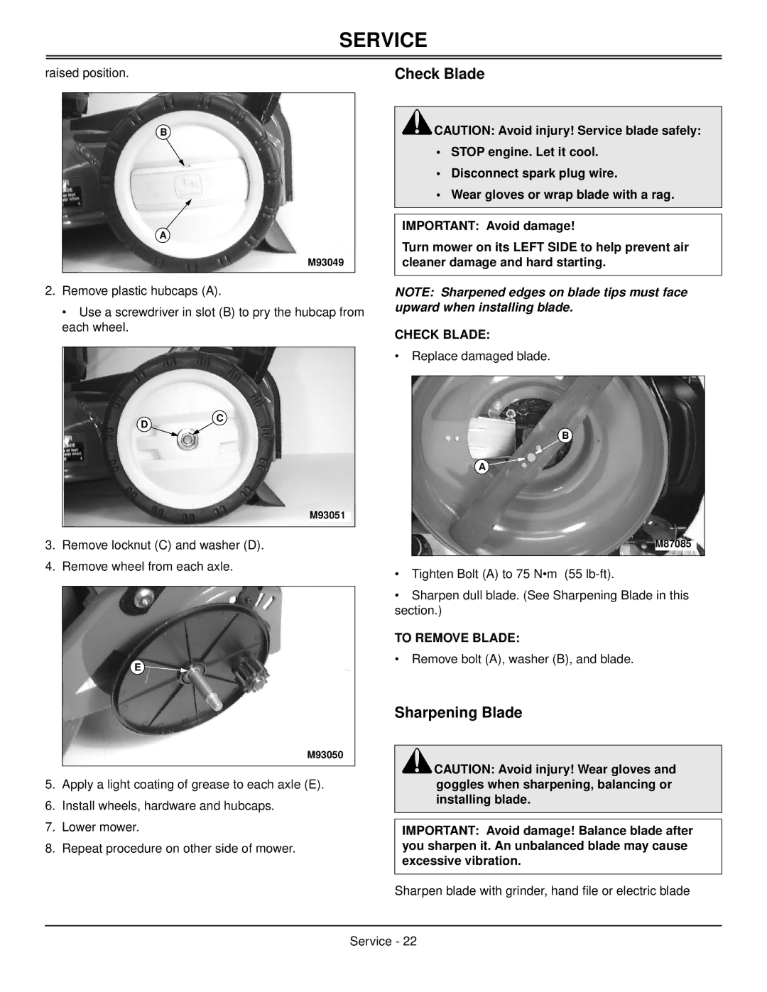 Scotts SP6213, SP6211 manual Check Blade, Sharpening Blade, To Remove Blade 