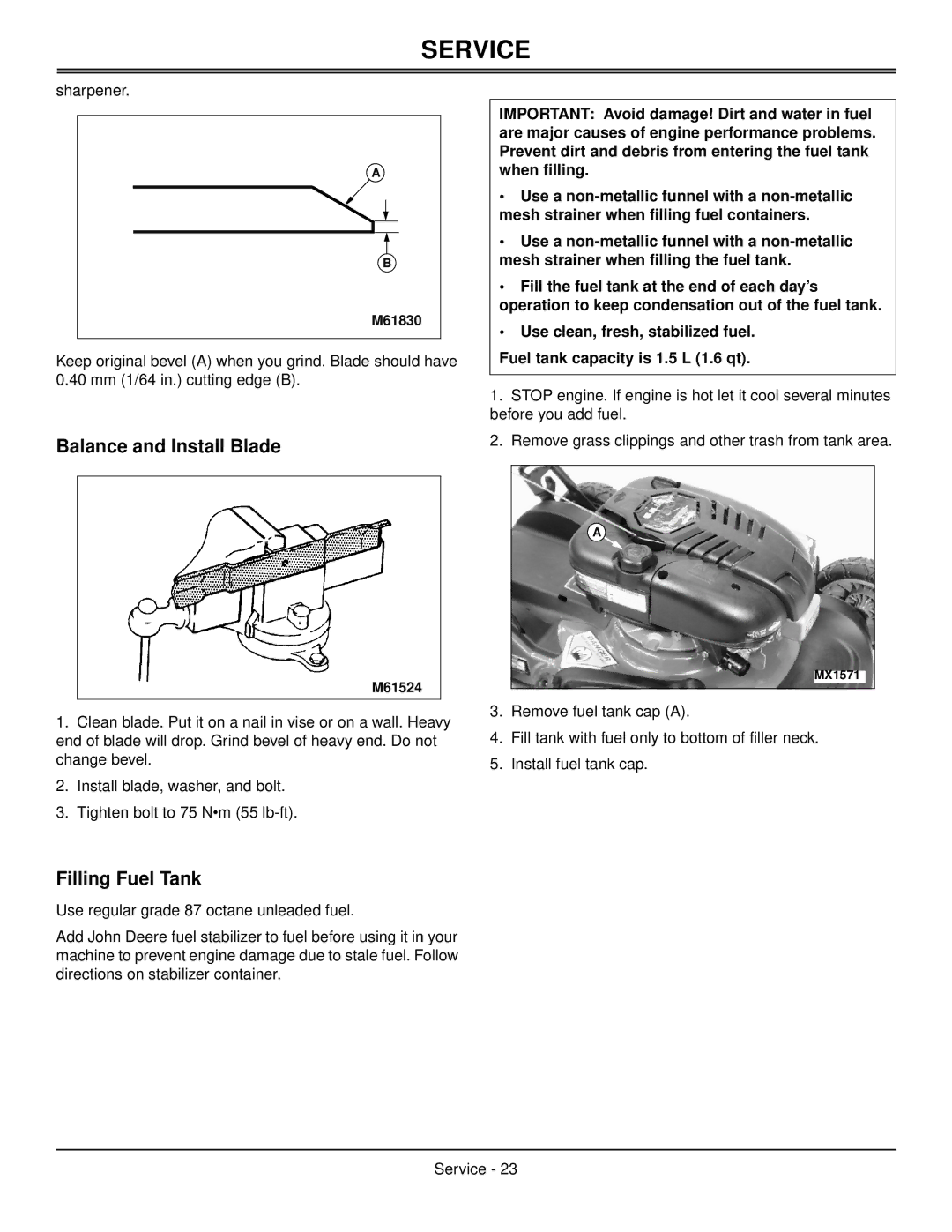 Scotts SP6211, SP6213 manual Balance and Install Blade, Filling Fuel Tank 