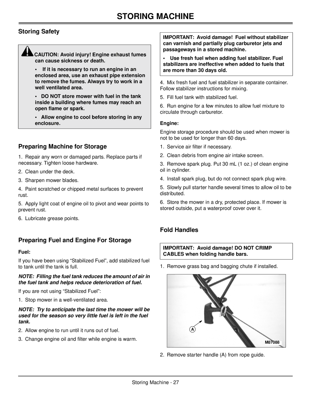 Scotts SP6211 manual Storing Machine, Storing Safety, Preparing Machine for Storage, Preparing Fuel and Engine For Storage 