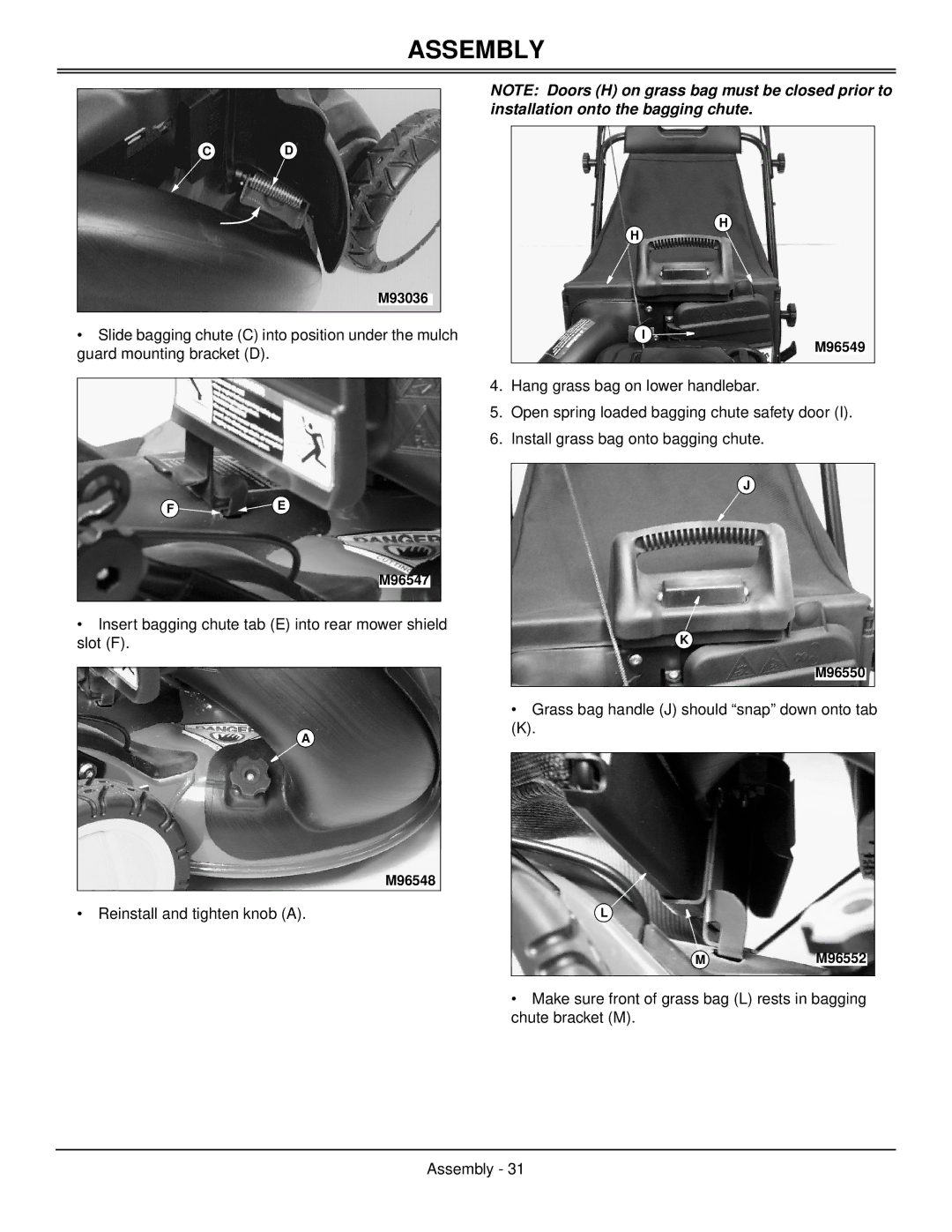 Scotts SP6211, SP6213 manual Insert bagging chute tab E into rear mower shield slot F 