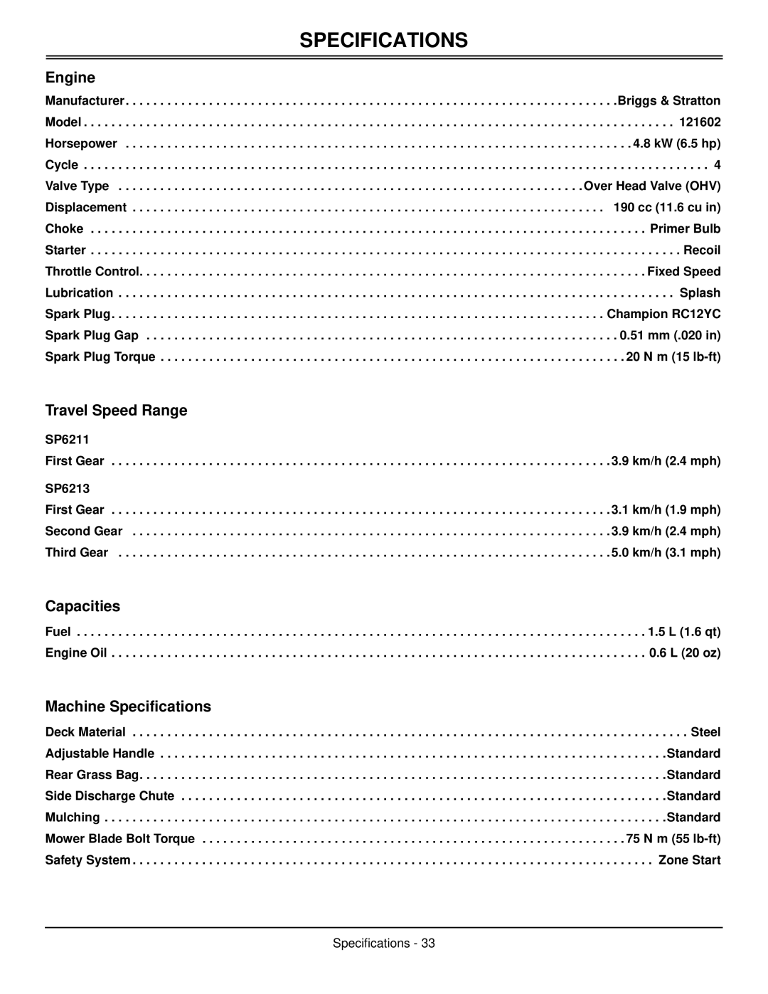 Scotts SP6211, SP6213 manual Engine, Travel Speed Range, Capacities, Machine Specifications 