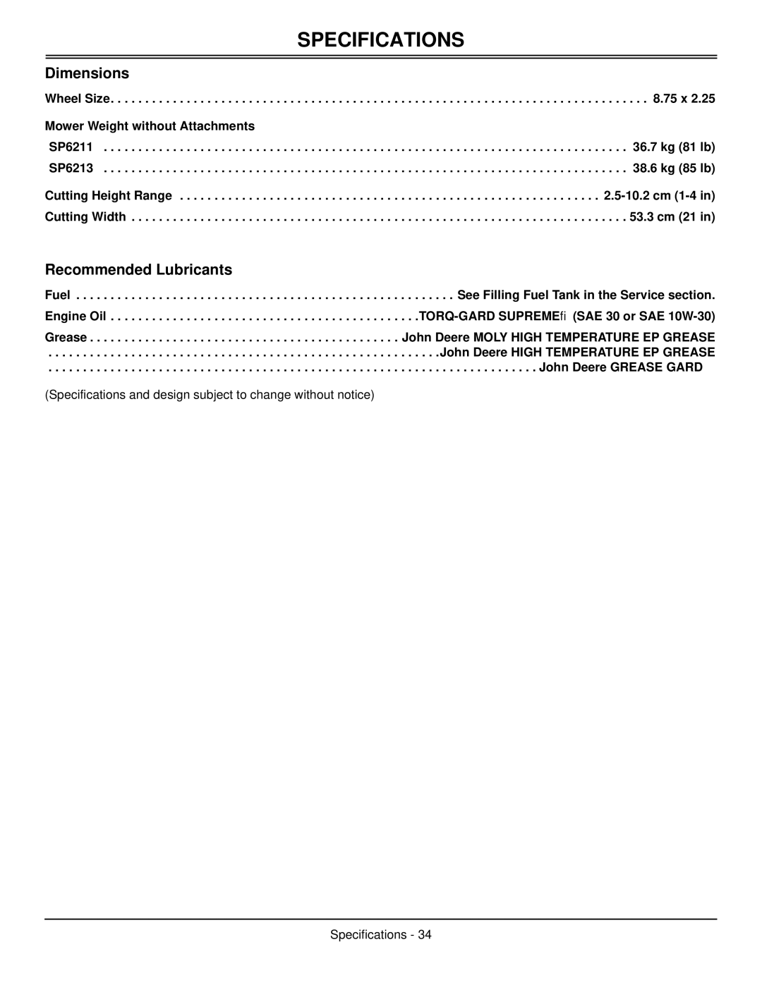 Scotts SP6213, SP6211 manual Dimensions, Recommended Lubricants 