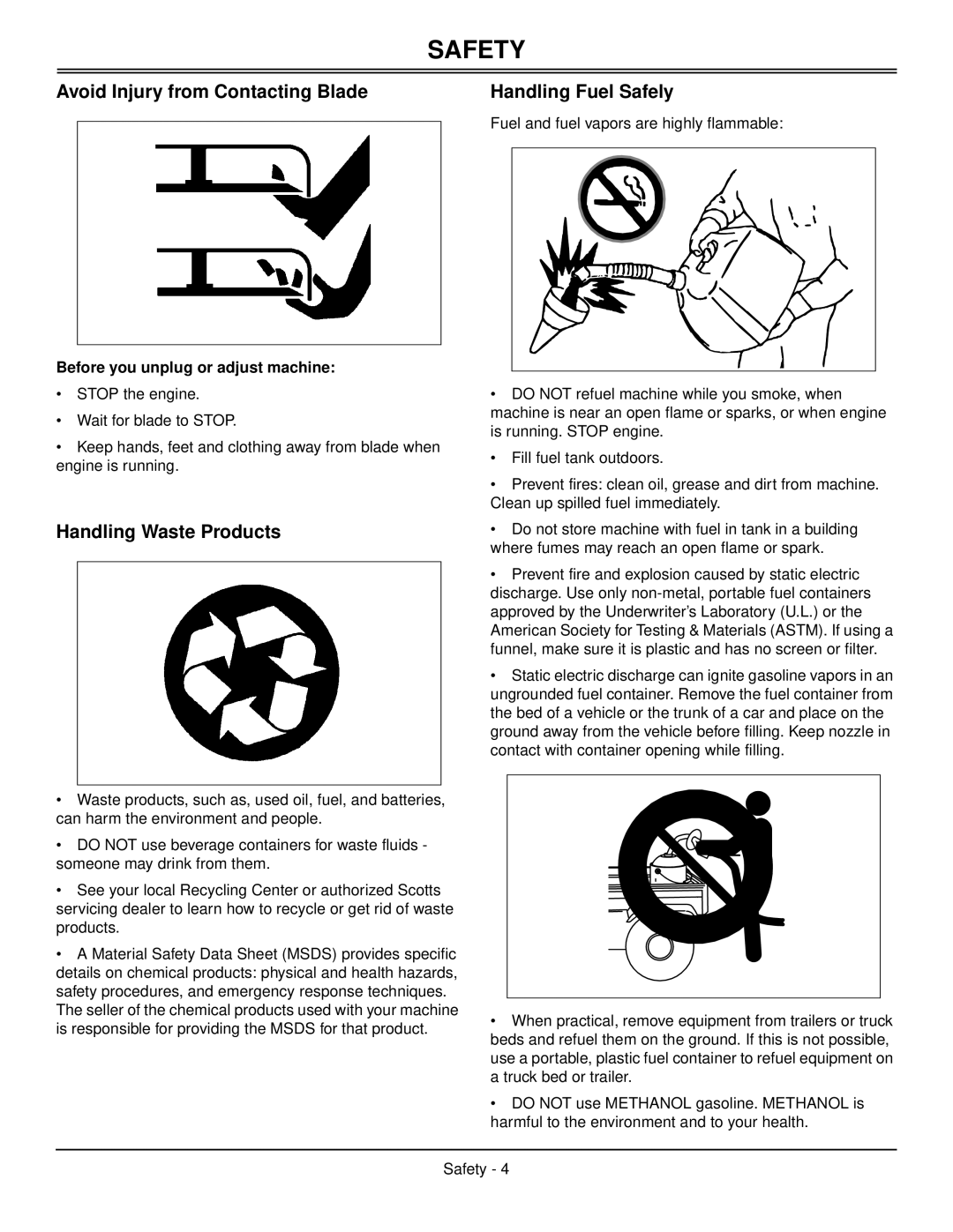 Scotts SP6213, SP6211 manual Avoid Injury from Contacting Blade, Handling Waste Products, Handling Fuel Safely 