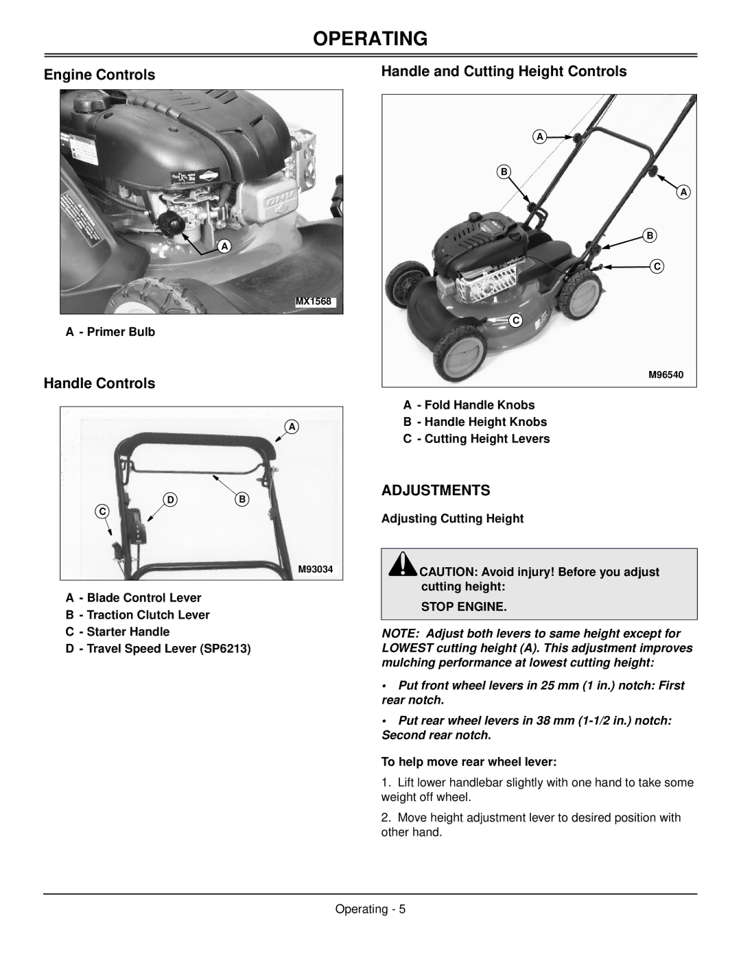 Scotts SP6211, SP6213 manual Operating, Engine Controls Handle and Cutting Height Controls, Handle Controls, Stop Engine 