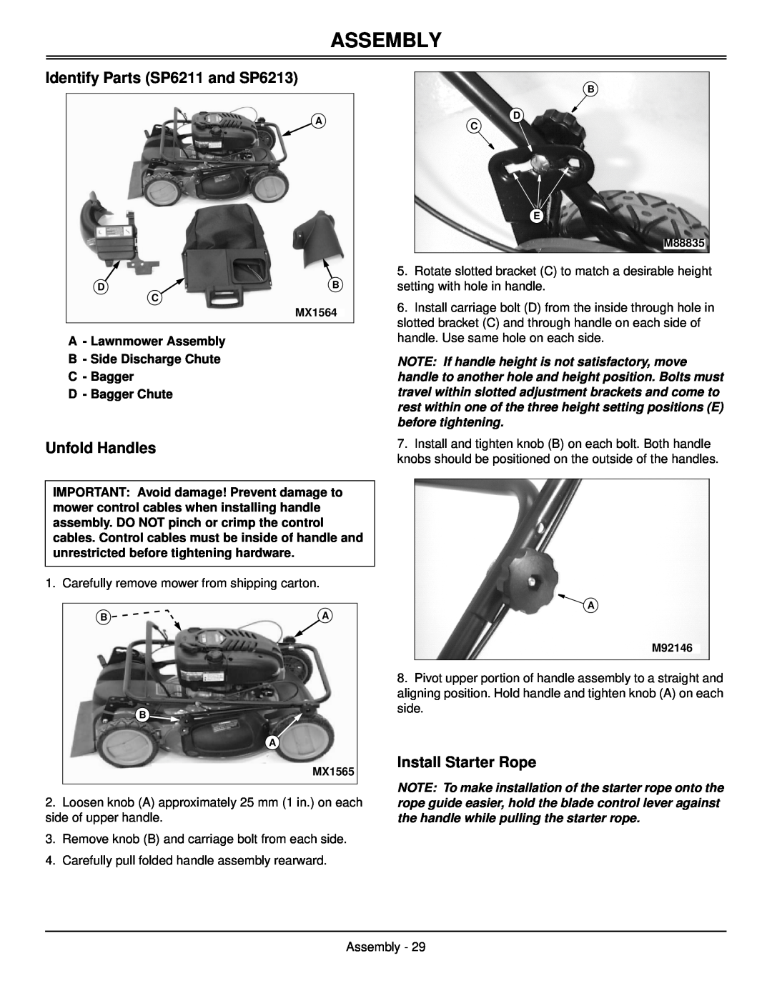 Scotts manual Assembly, Identify Parts SP6211 and SP6213, Unfold Handles, Install Starter Rope 