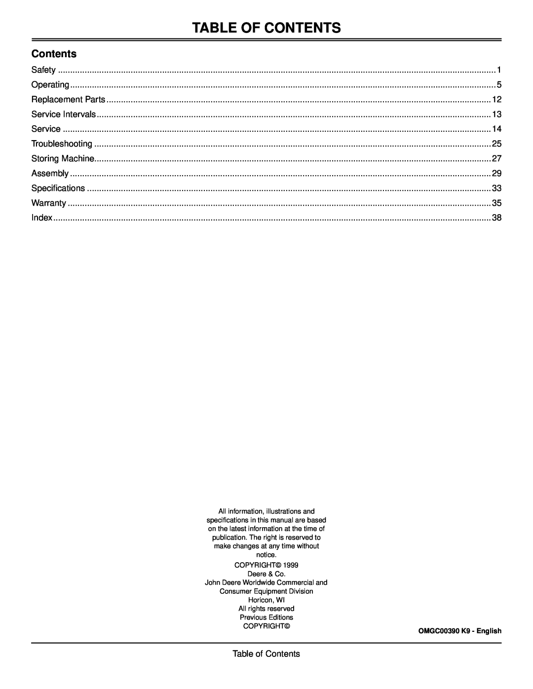Scotts SP6213, SP6211 manual Table Of Contents, OMGC00390 K9 - English 