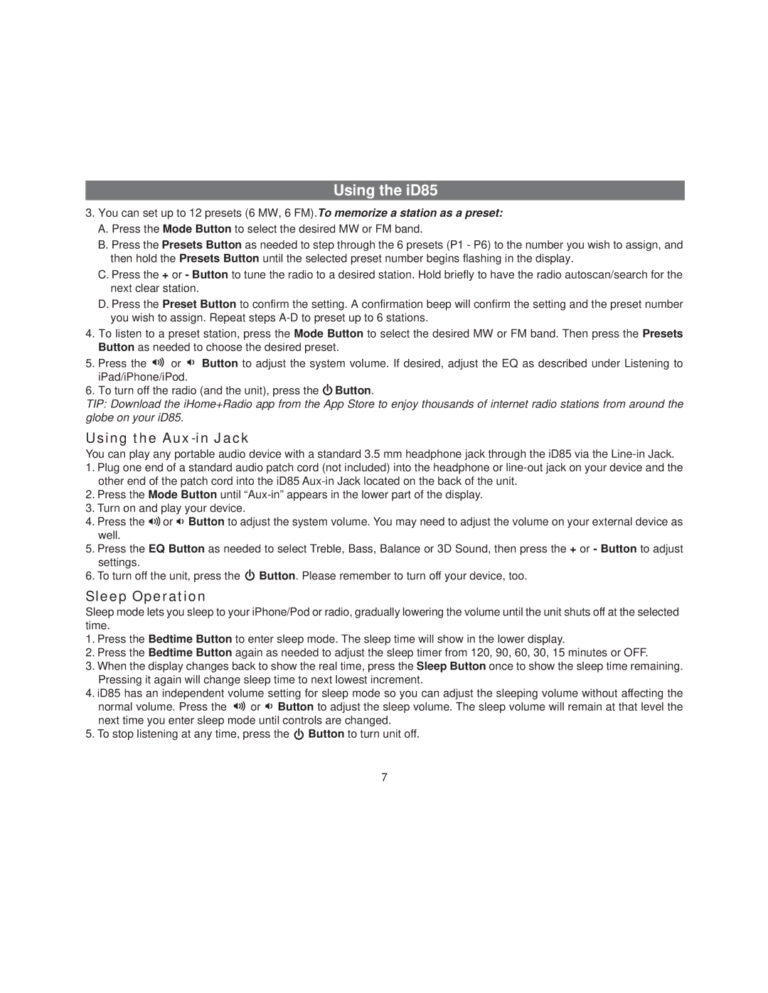 SDI Technologies ID85 manual Using the Aux-in Jack, Sleep Operation 