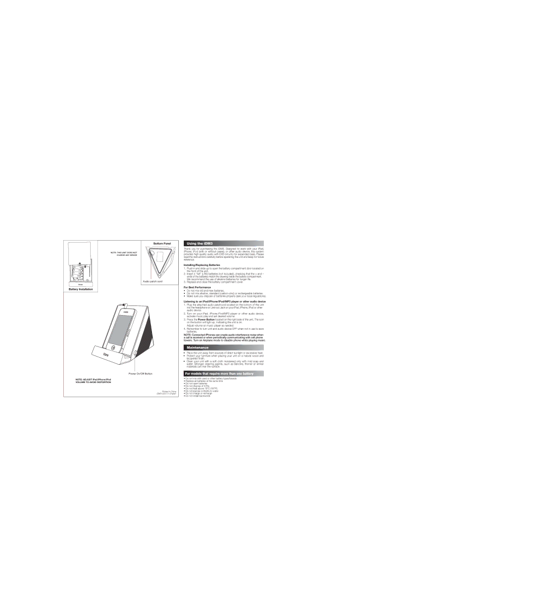 SDI Technologies iDM3 manual Battery Installation, Installing/Replacing Batteries, For Best Performance 