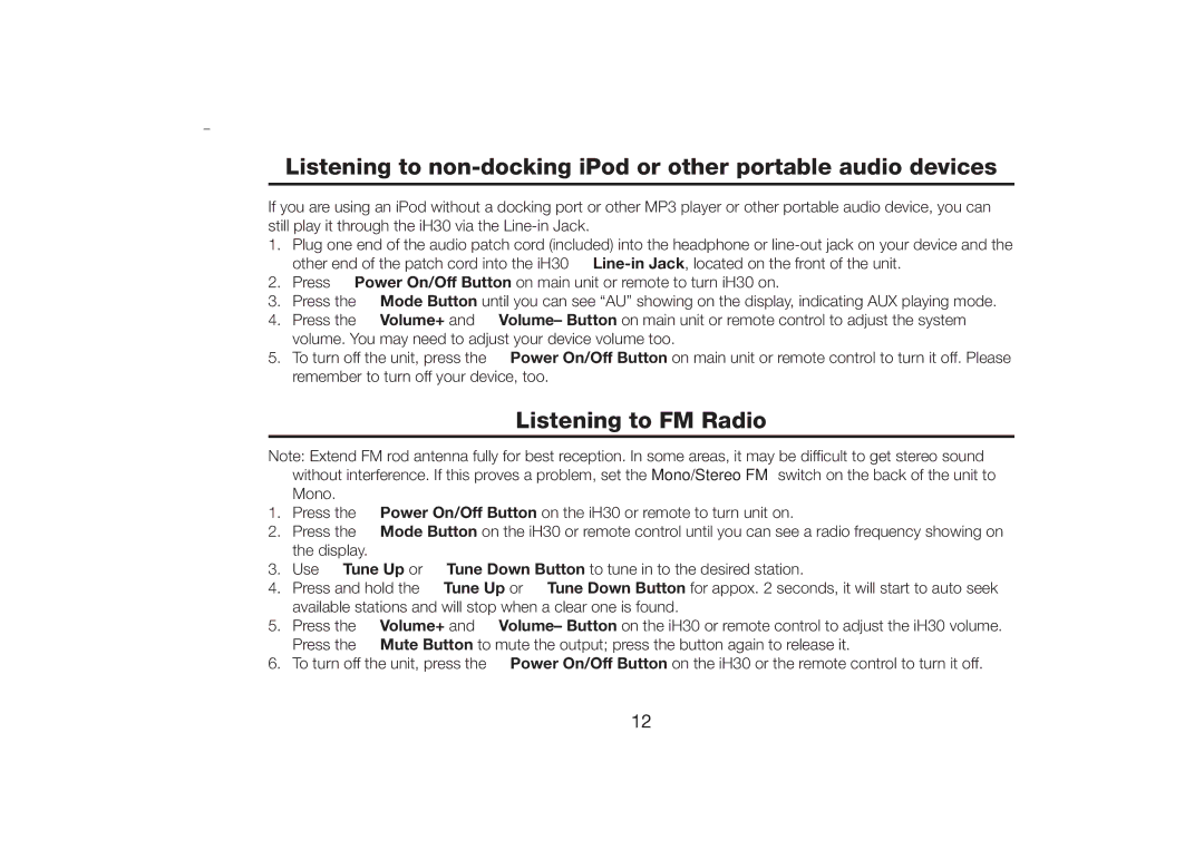 SDI Technologies iH30 manual Listening to FM Radio, Use Tune Up or 