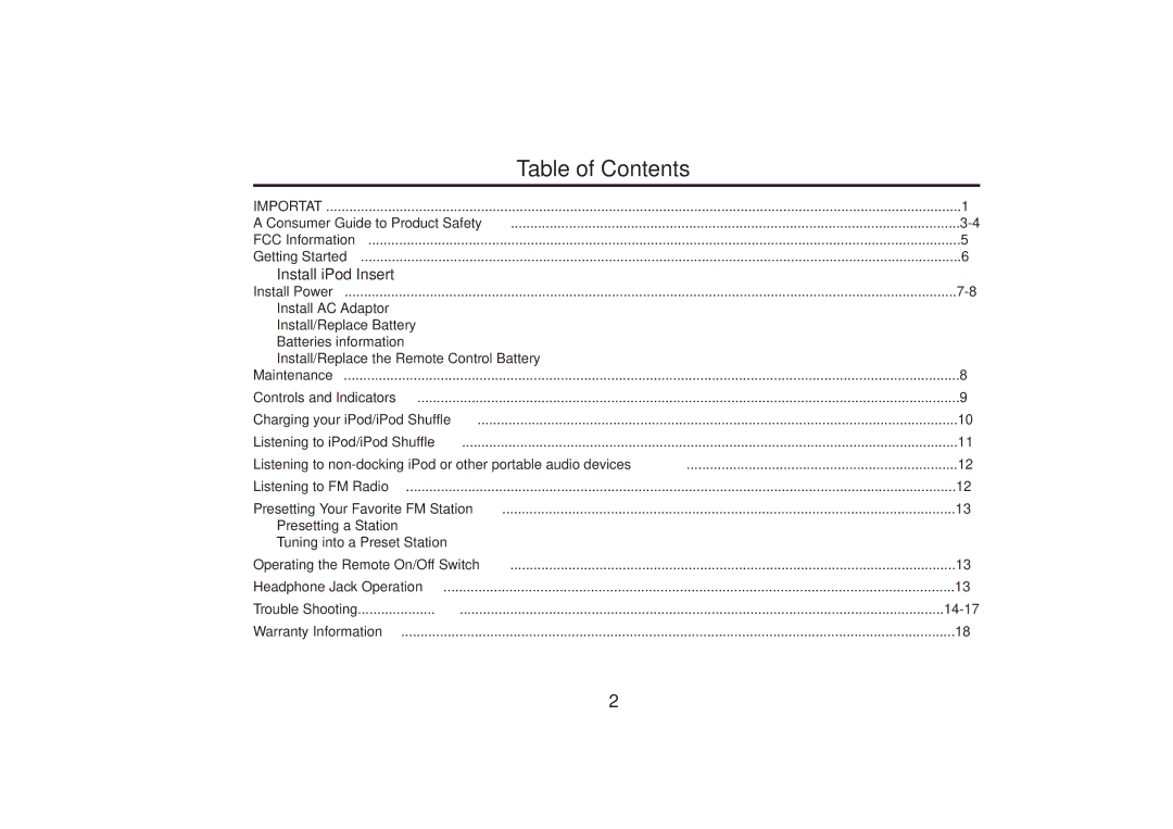 SDI Technologies iH30 manual Table of Contents 