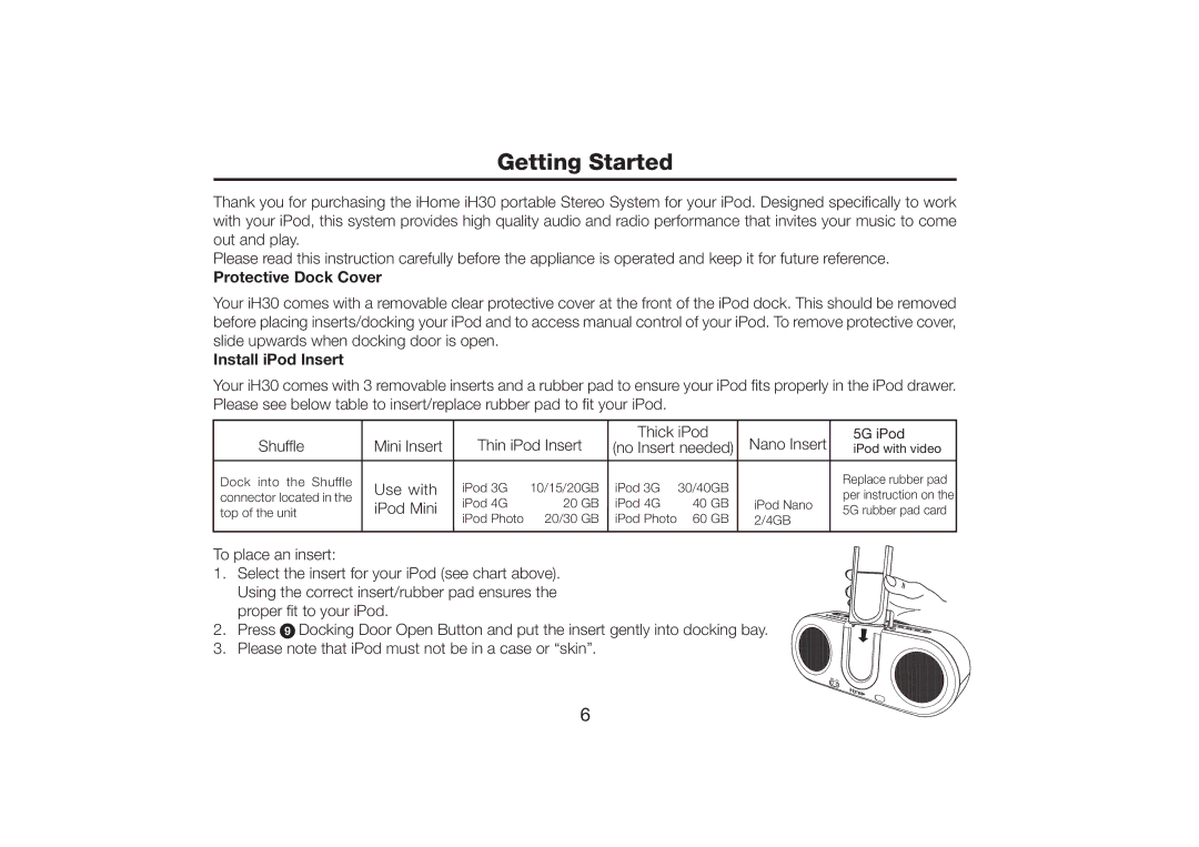 SDI Technologies iH30 manual Getting Started, Protective Dock Cover, Install iPod Insert 