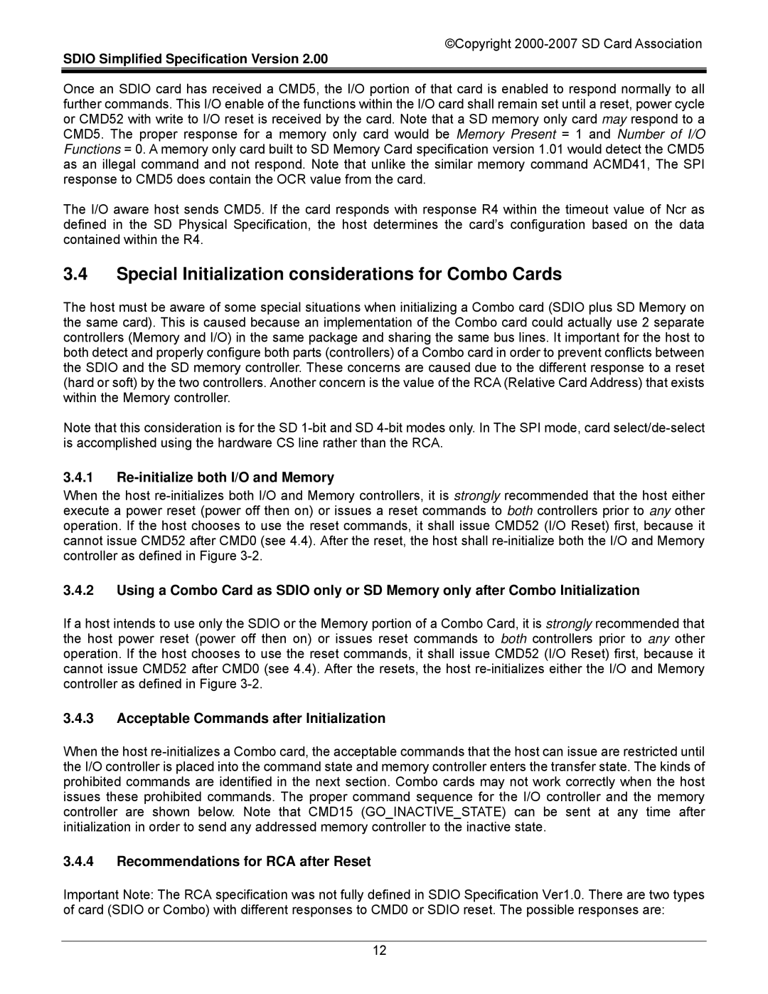 SDI Technologies SDIO Card manual Special Initialization considerations for Combo Cards, Re-initialize both I/O and Memory 