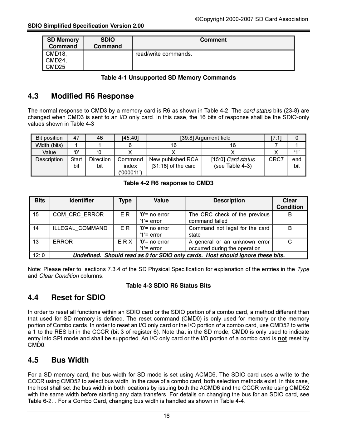 SDI Technologies SDIO Card manual Modified R6 Response, Reset for Sdio, Bus Width 