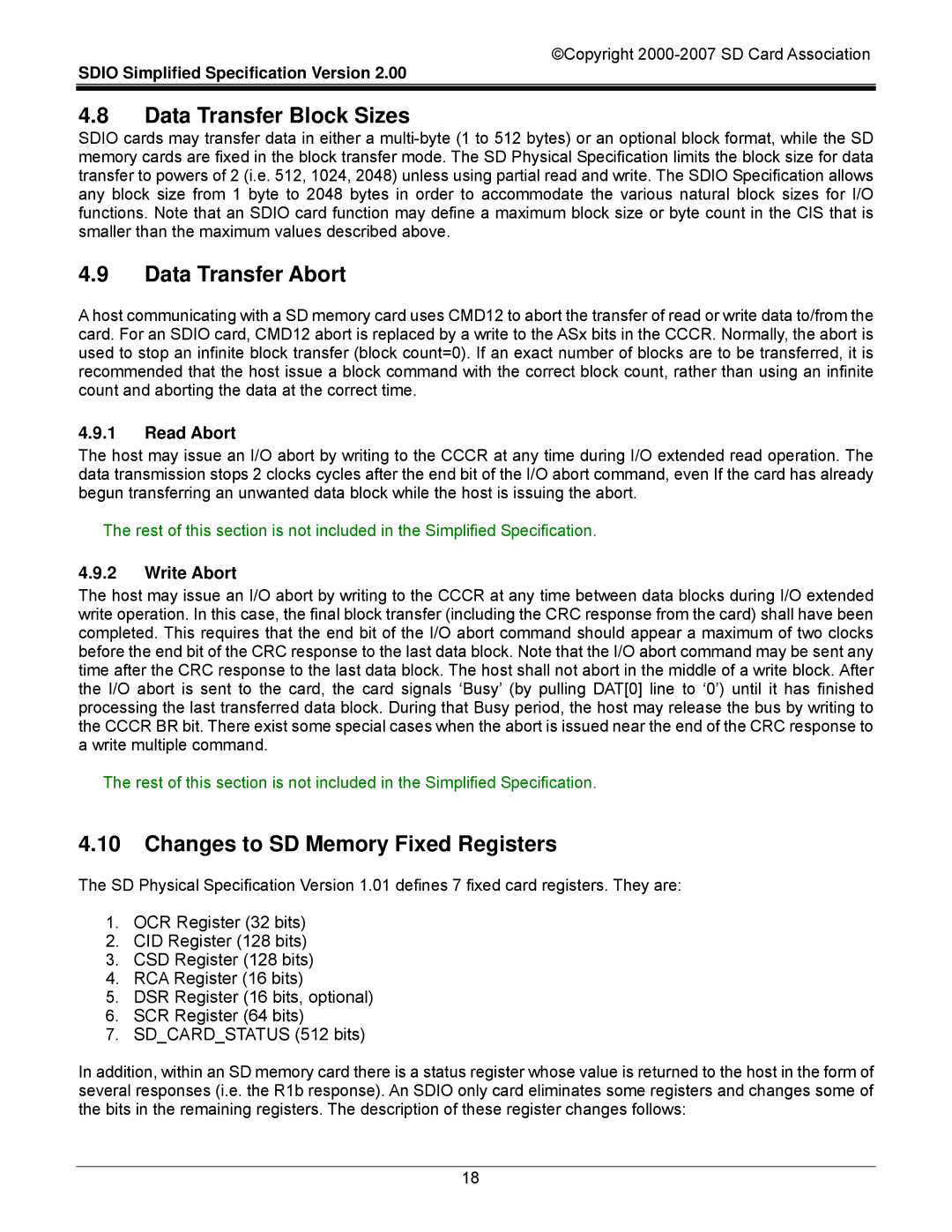 SDI Technologies SDIO Card manual Data Transfer Block Sizes, Data Transfer Abort, Changes to SD Memory Fixed Registers 