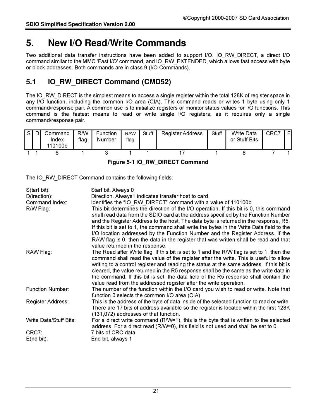 SDI Technologies SDIO Card manual New I/O Read/Write Commands, Iorwdirect Command CMD52 