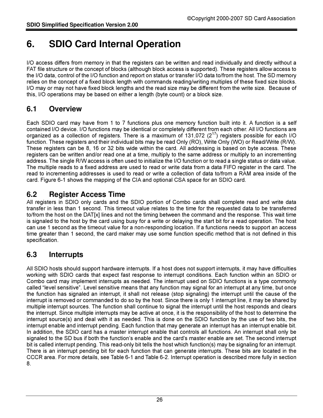 SDI Technologies SDIO Card manual Sdio Card Internal Operation, Overview, Register Access Time, Interrupts 