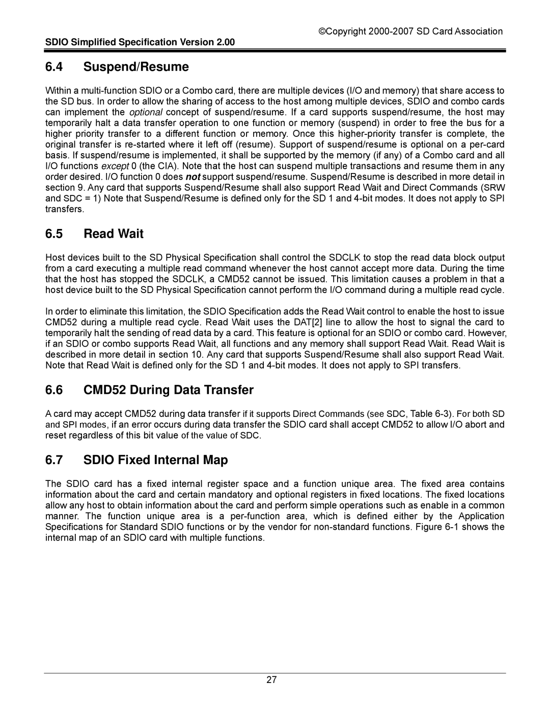 SDI Technologies SDIO Card manual Suspend/Resume, Read Wait, CMD52 During Data Transfer, Sdio Fixed Internal Map 