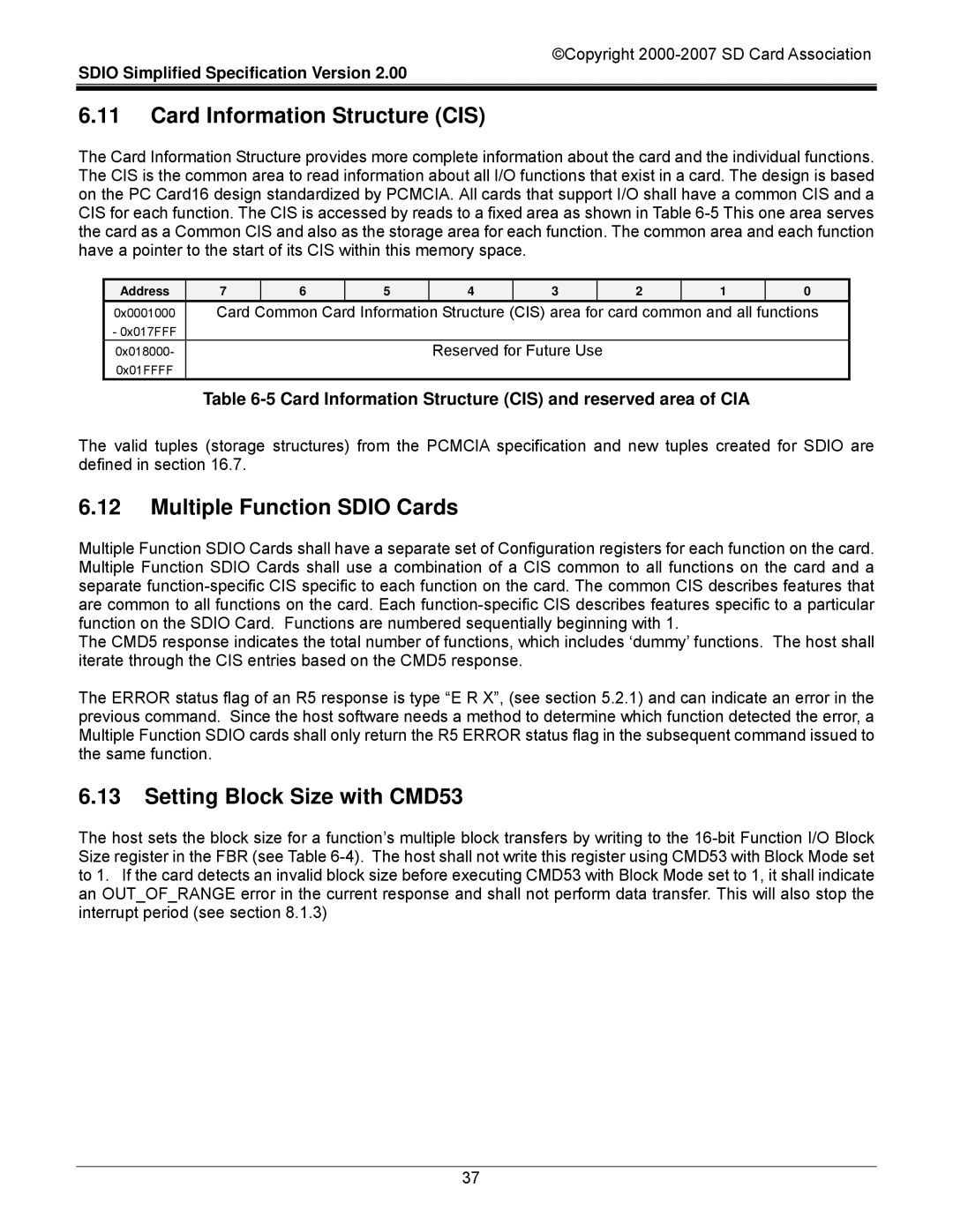 SDI Technologies SDIO Card Card Information Structure CIS, Multiple Function Sdio Cards, Setting Block Size with CMD53 