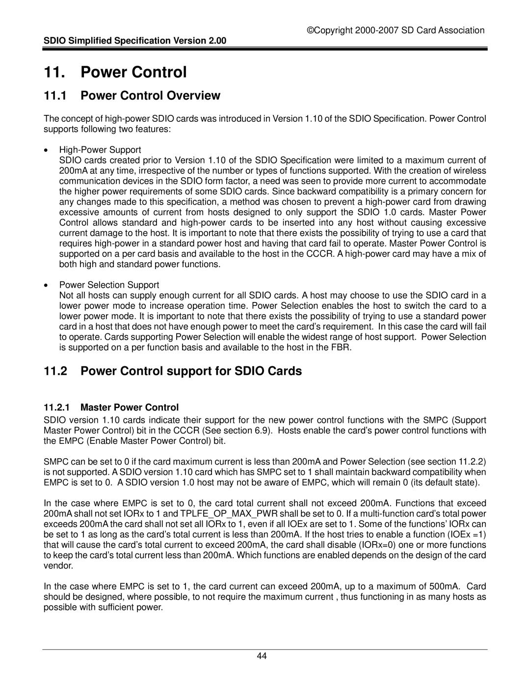 SDI Technologies SDIO Card manual Power Control Overview, Power Control support for Sdio Cards, Master Power Control 