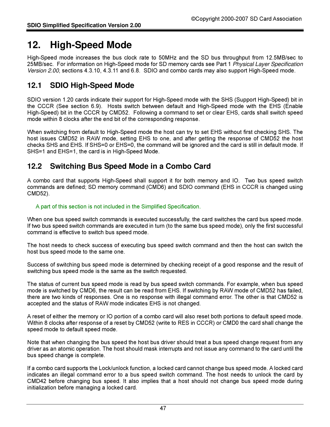 SDI Technologies SDIO Card manual Sdio High-Speed Mode, Switching Bus Speed Mode in a Combo Card 