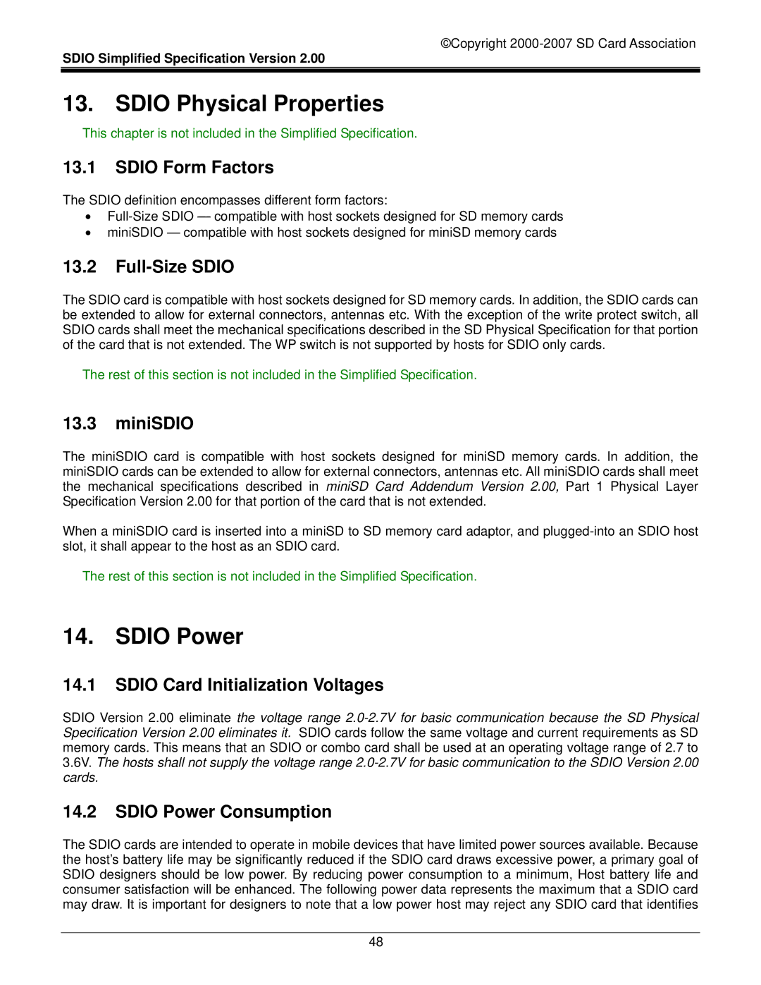 SDI Technologies SDIO Card manual Sdio Physical Properties, Sdio Power 