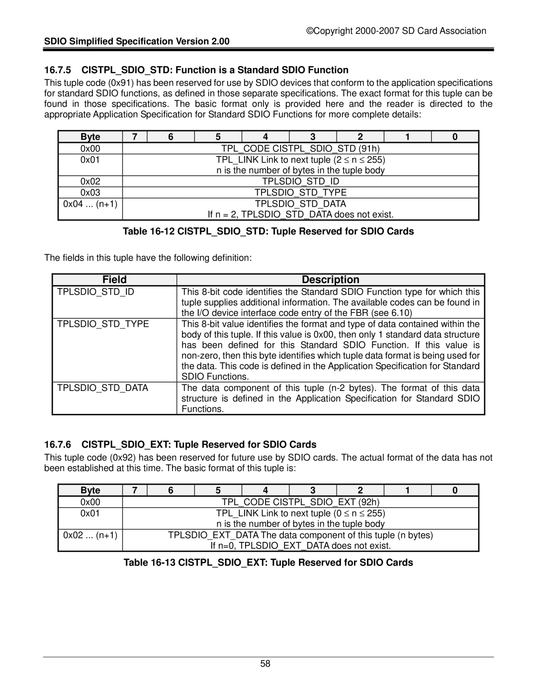 SDI Technologies SDIO Card Cistplsdiostd Function is a Standard Sdio Function, Cistplsdiostd Tuple Reserved for Sdio Cards 