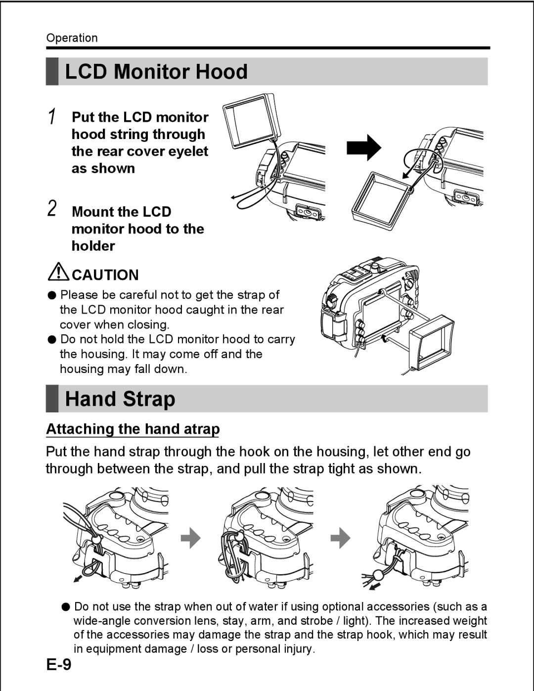 Sea & Sea DX-1200HD, 06138 manual LCD Monitor Hood, Hand Strap, Attaching the hand atrap 