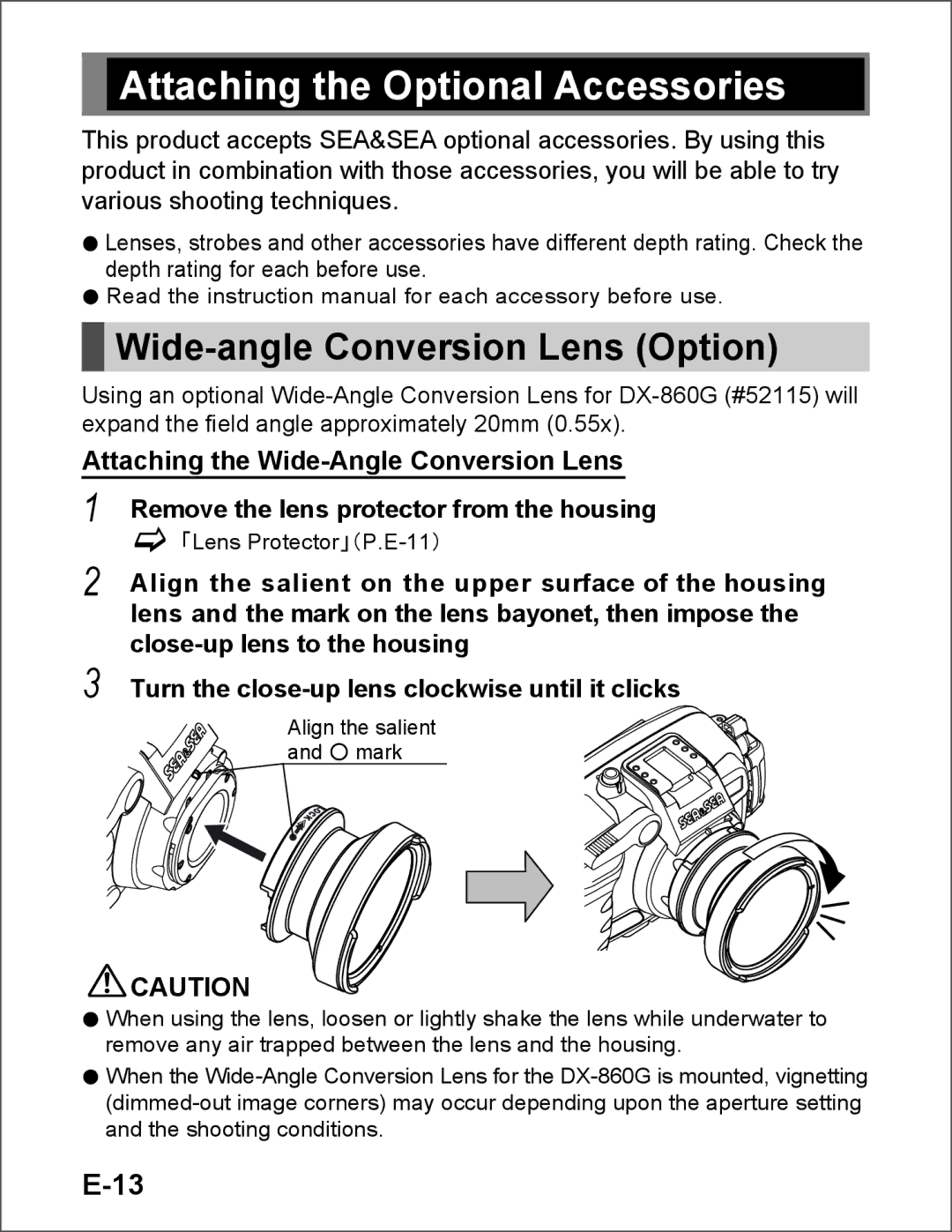 Sea & Sea DX-1200HD Attaching the Optional Accessories, Wide-angle Conversion Lens Option, Close-up lens to the housing 