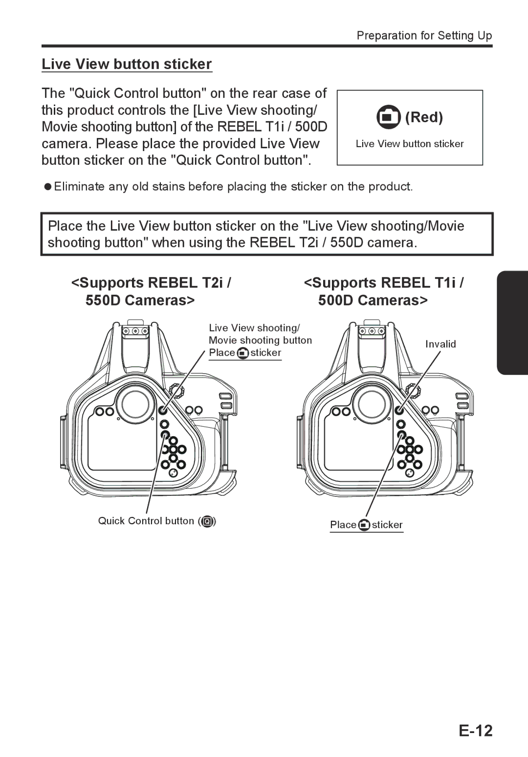 Sea & Sea RDX-550D manual Live View button sticker 