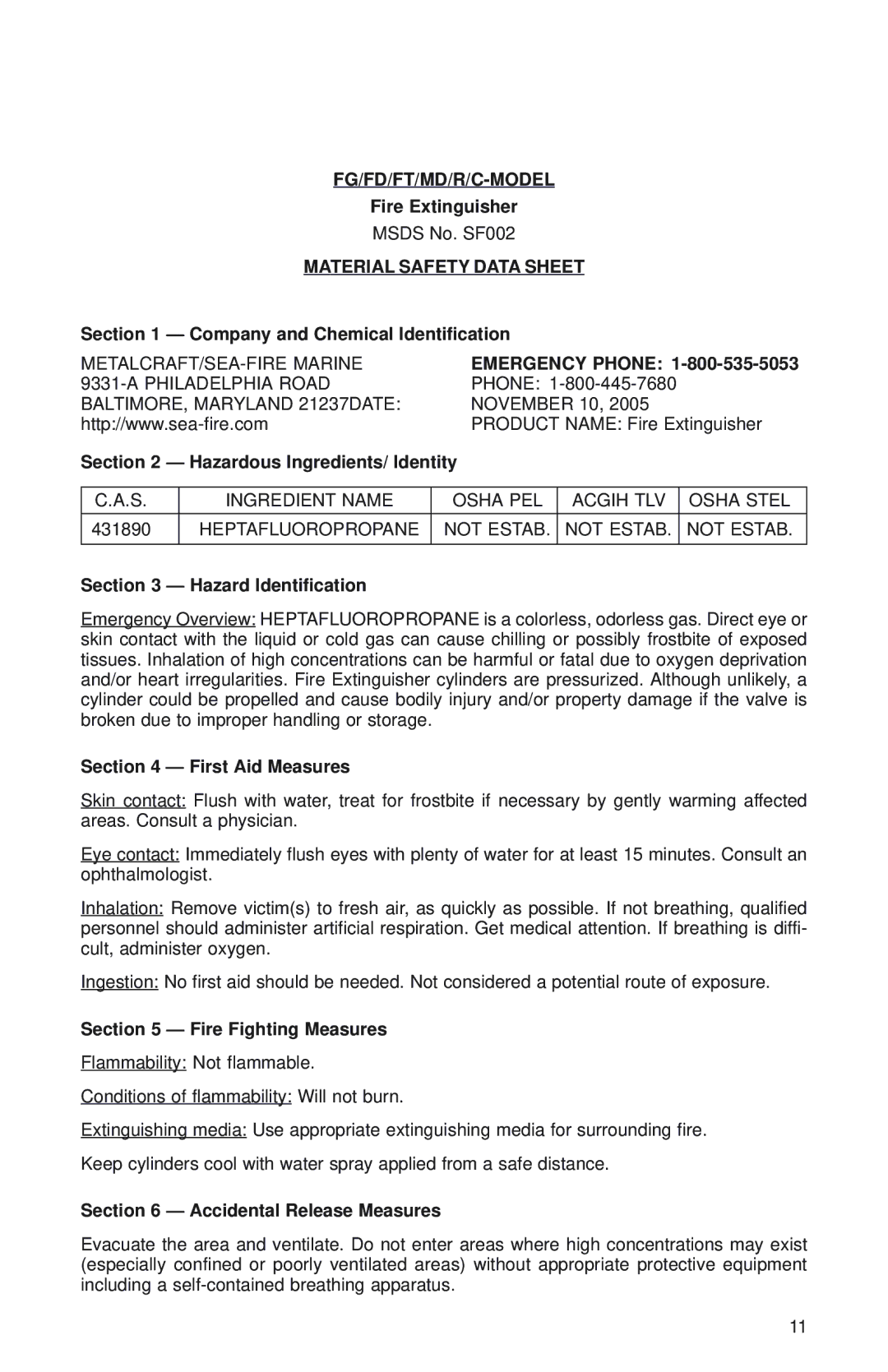 Sea-Fire FM200 manual Fg/Fd/Ft/Md/R/C-Model, Material Safety Data Sheet 