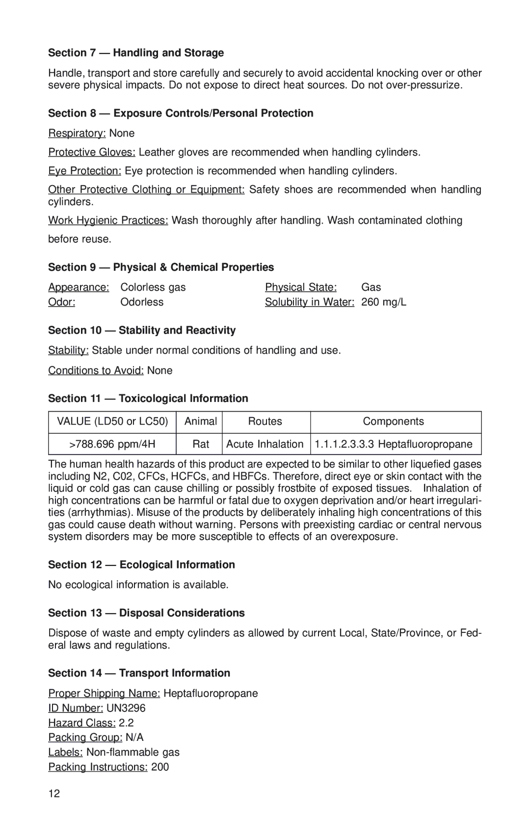 Sea-Fire FM200 manual Handling and Storage, Exposure Controls/Personal Protection, Physical & Chemical Properties 