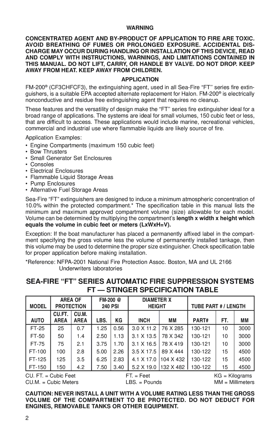 Sea-Fire FM200 manual Area, Diameter Model, Auto, Lbs, Part# 