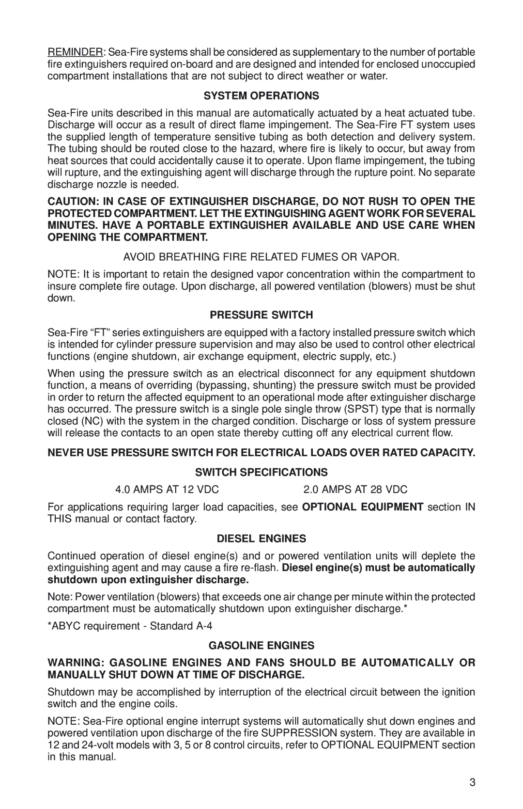 Sea-Fire FM200 manual System Operations, Pressure Switch, Diesel Engines, Gasoline Engines 