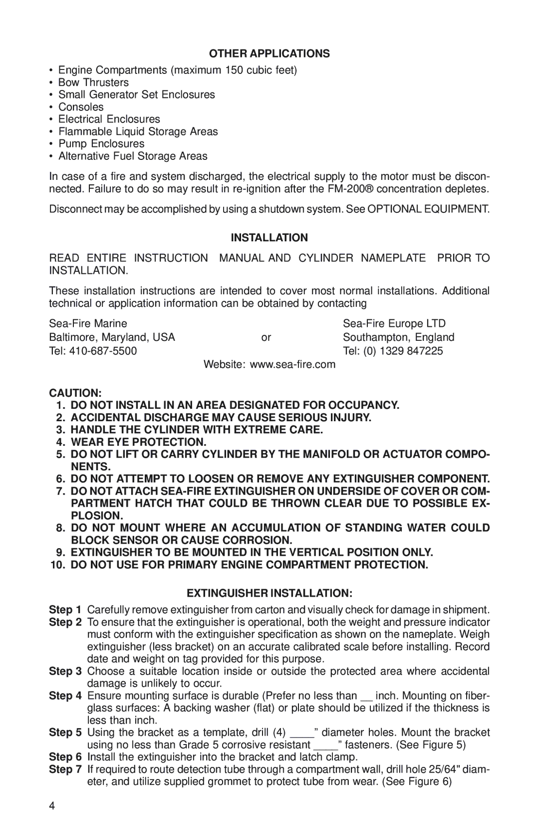 Sea-Fire FM200 manual Other Applications, Installation 