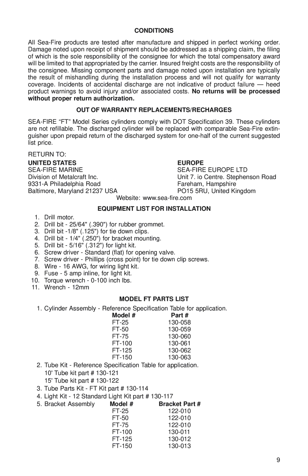 Sea-Fire FM200 Conditions, OUT of Warranty REPLACEMENTS/RECHARGES, United States Europe, Equipment List for Installation 