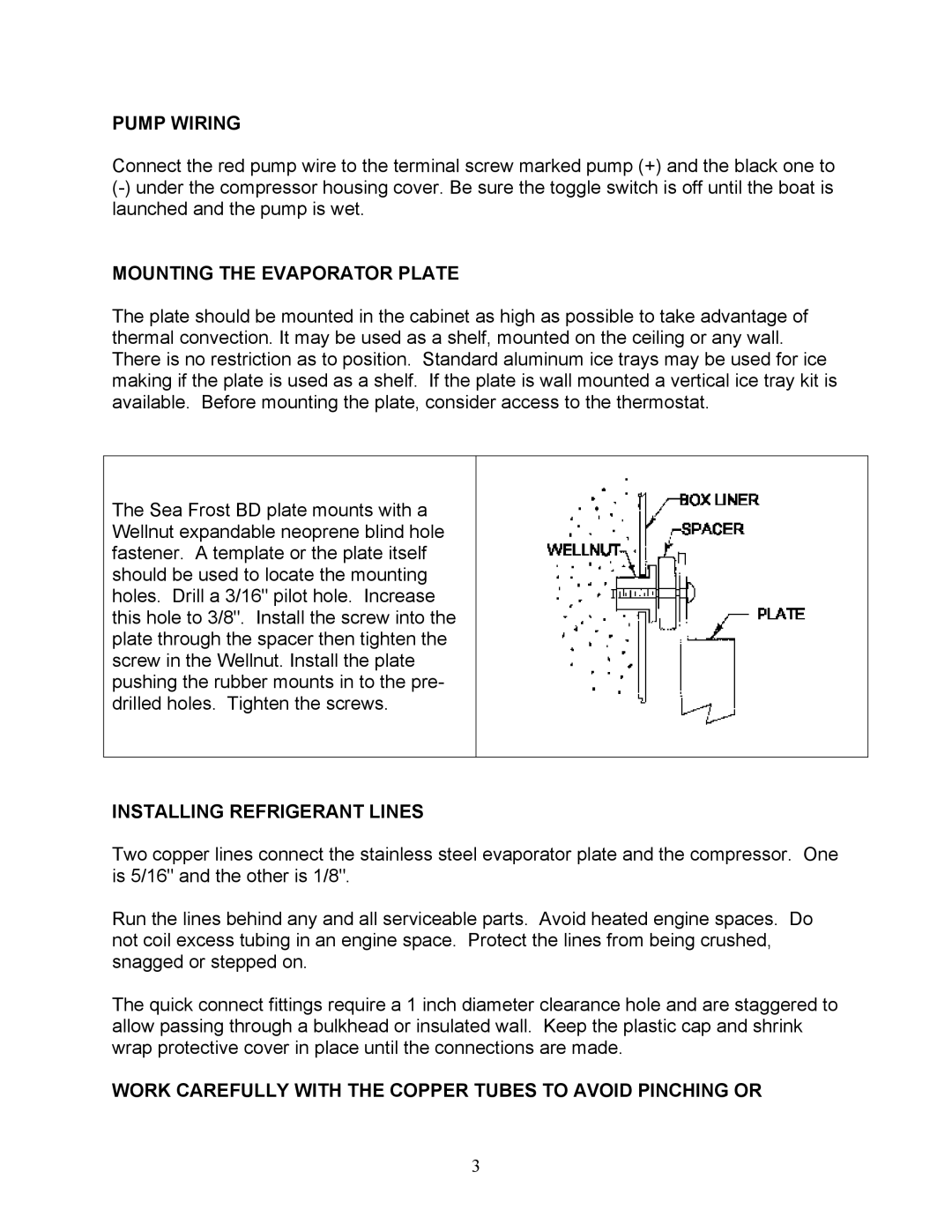 Sea Frost 372 ROUTE manual Pump Wiring, Mounting the Evaporator Plate, Installing Refrigerant Lines 