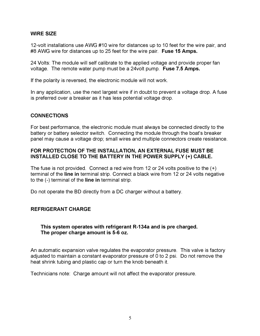 Sea Frost 372 ROUTE manual Wire Size, Connections, Refrigerant Charge 