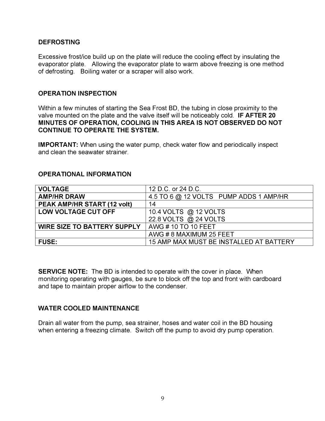 Sea Frost 372 ROUTE manual Defrosting, Operation Inspection, Operational Information Voltage, Water Cooled Maintenance 