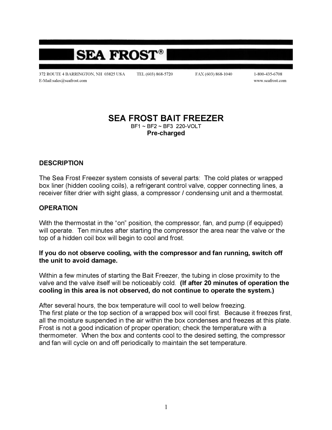 Sea Frost Bait Freezer manual Pre-charged, Description, Operation 