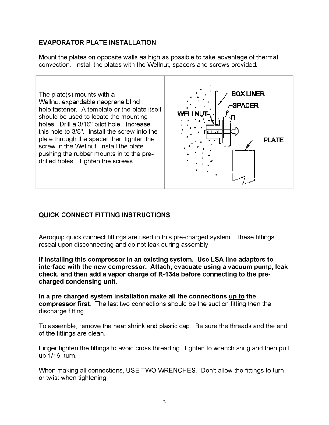 Sea Frost Bait Freezer manual Evaporator Plate Installation, Quick Connect Fitting Instructions 