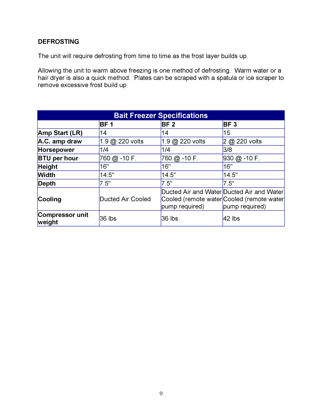 Sea Frost Bait Freezer manual Defrosting 