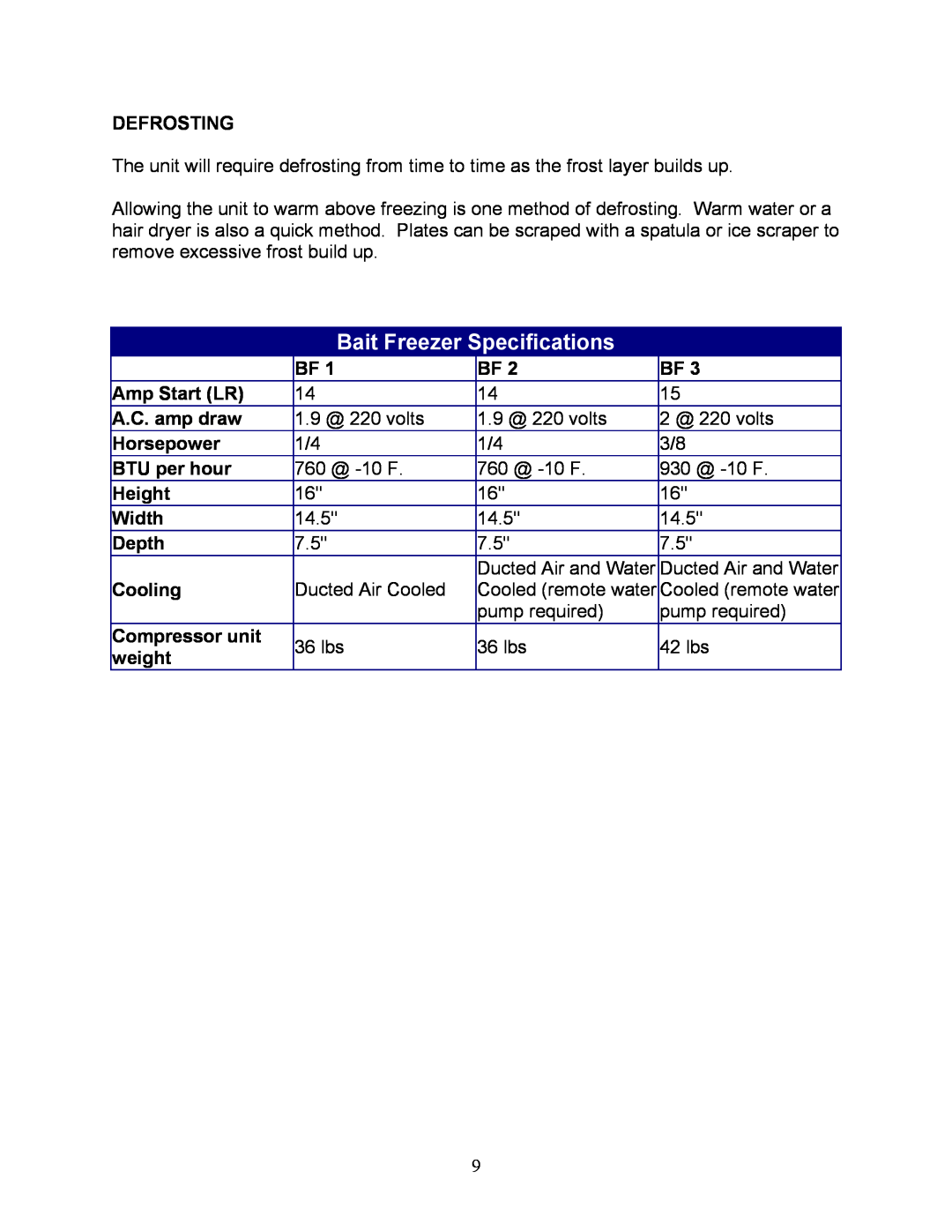 Sea Frost manual Bait Freezer Specifications 