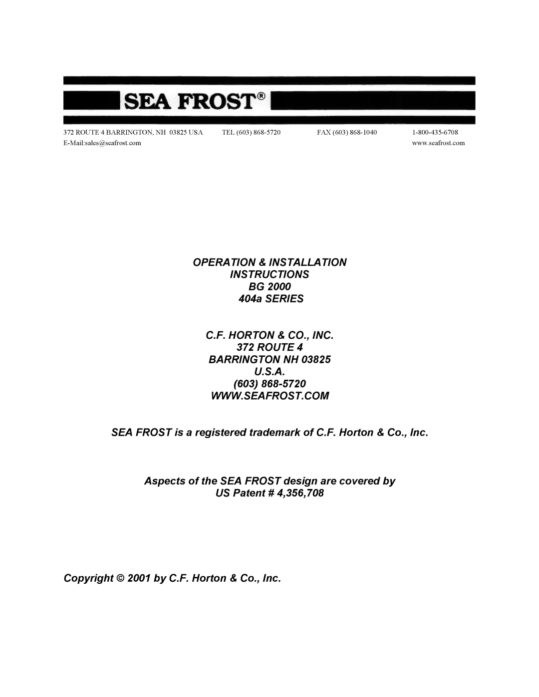 Sea Frost BG 2000 installation instructions Operation & Installation Instructions 