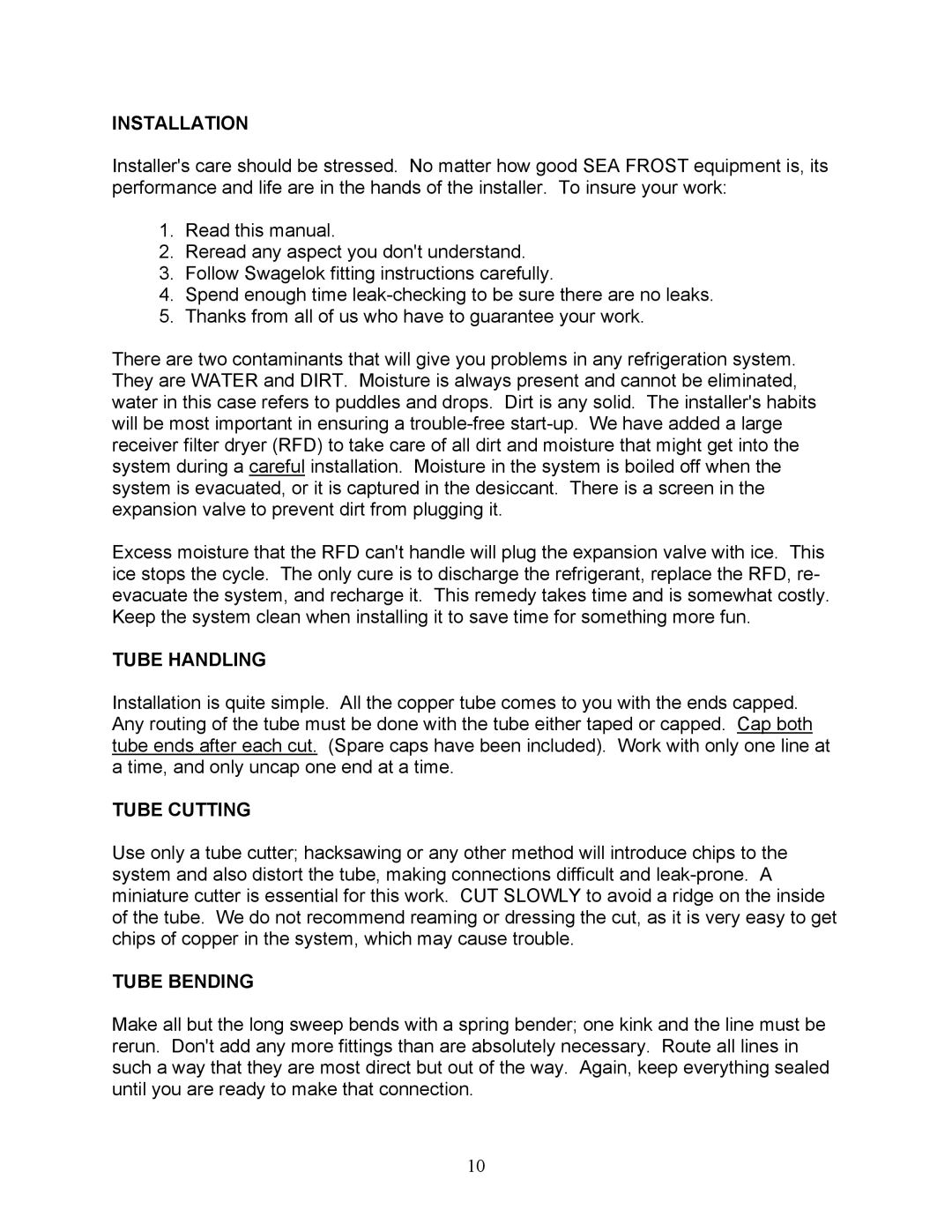 Sea Frost BG 2000 installation instructions Installation, Tube Handling, Tube Cutting, Tube Bending 