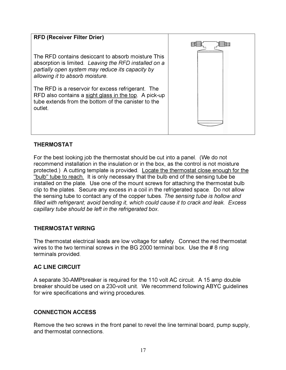 Sea Frost BG 2000 installation instructions Thermostat Wiring, AC Line Circuit, Connection Access 