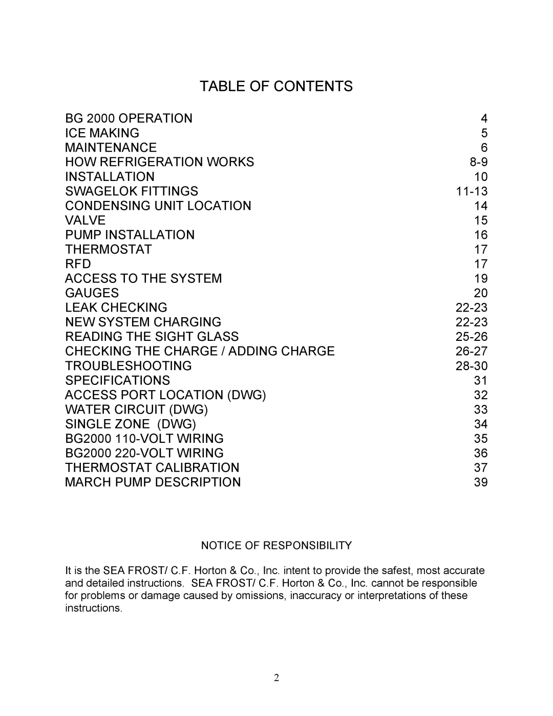 Sea Frost BG 2000 installation instructions Table of Contents 