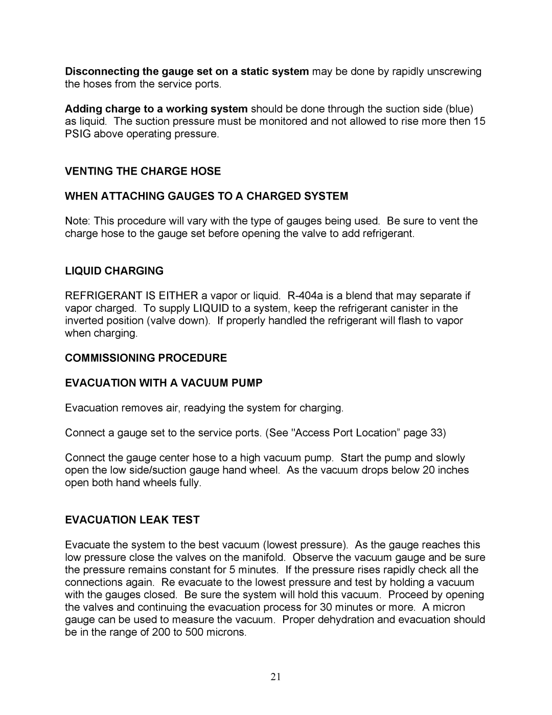 Sea Frost BG 2000 installation instructions Commissioning Procedure Evacuation with a Vacuum Pump, Evacuation Leak Test 