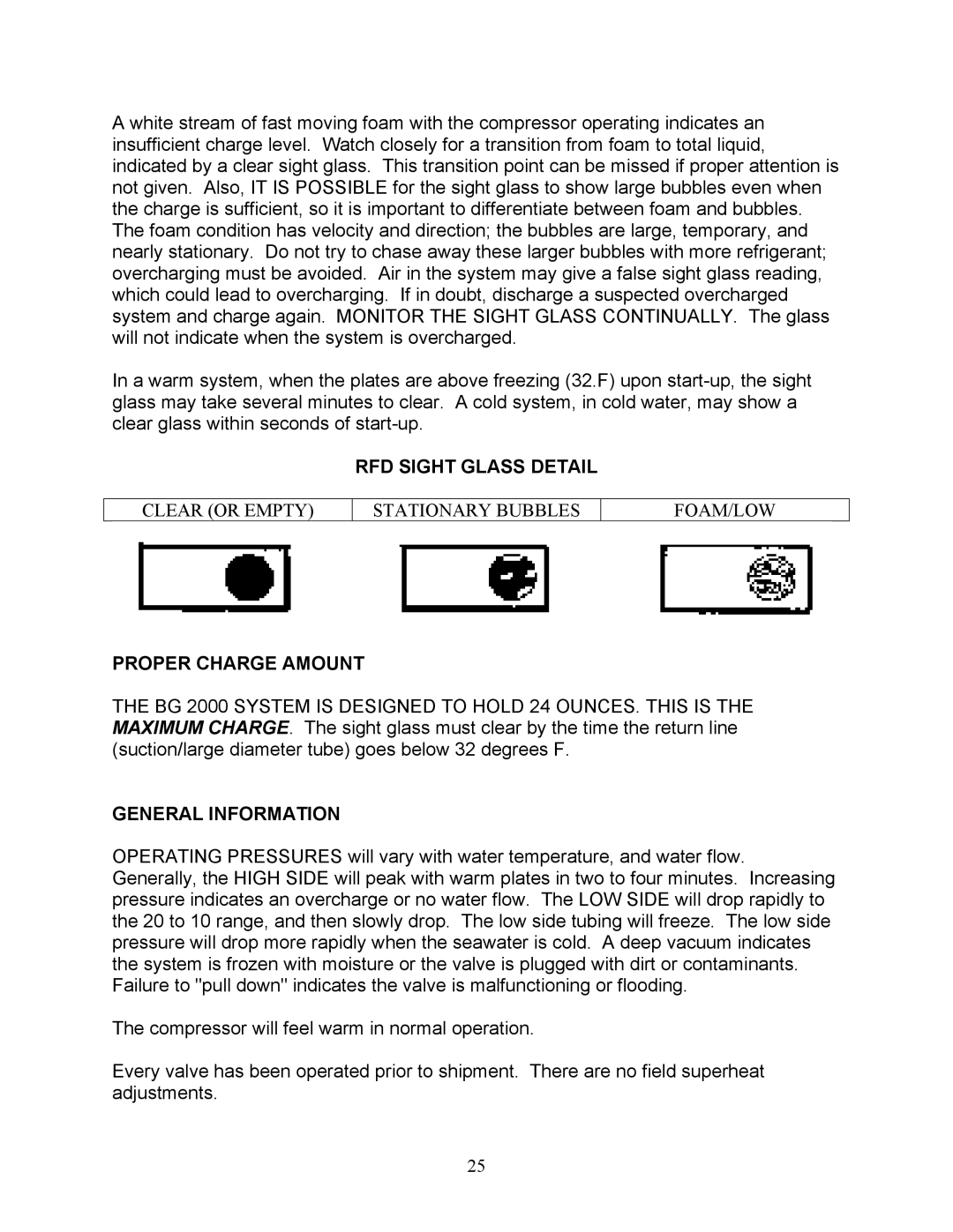 Sea Frost BG 2000 installation instructions RFD Sight Glass Detail, Proper Charge Amount, General Information 