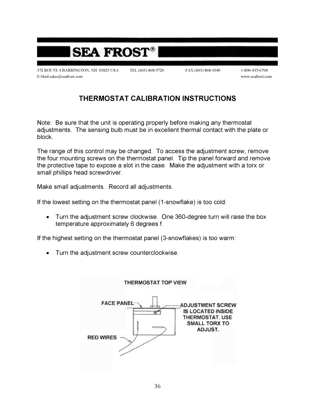 Sea Frost BG 2000 installation instructions Thermostat Calibration Instructions 