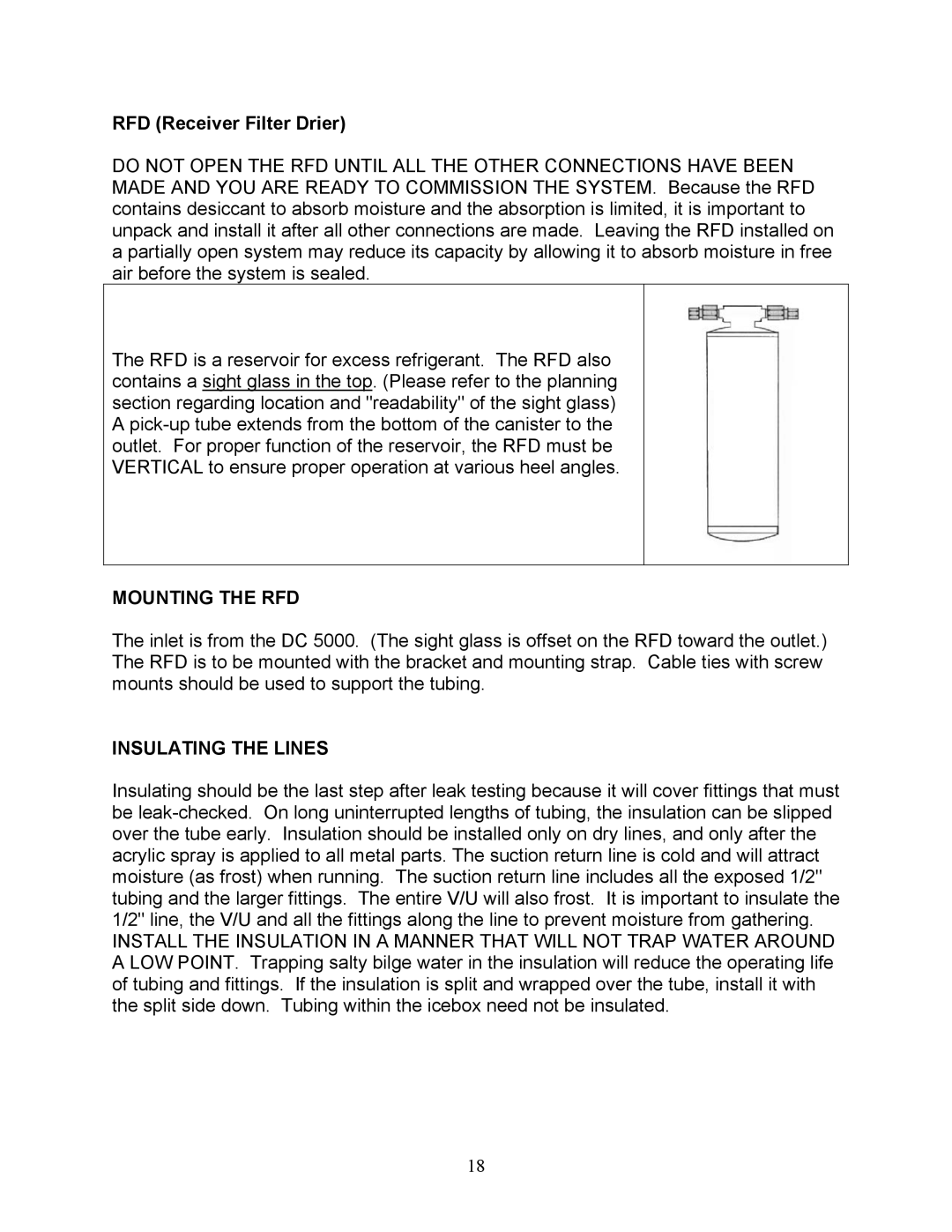 Sea Frost DC 5000 installation instructions RFD Receiver Filter Drier, Mounting the RFD, Insulating the Lines 